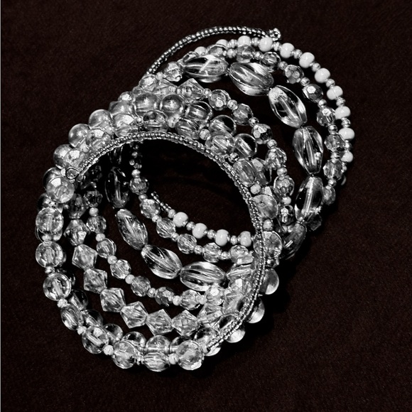 Silver/Tan Women's Shimmery Seven Row Beaded Spiral Bracelet - Picture 8 of 14